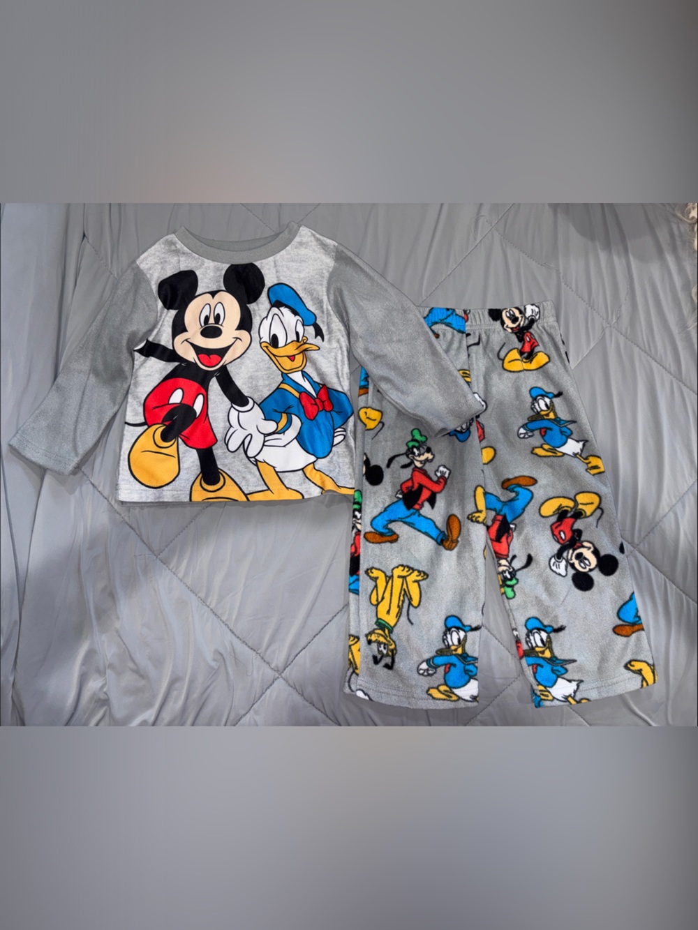 Disney Grey Mickey & Donald Fleece Pajama Set with Colorful Characters